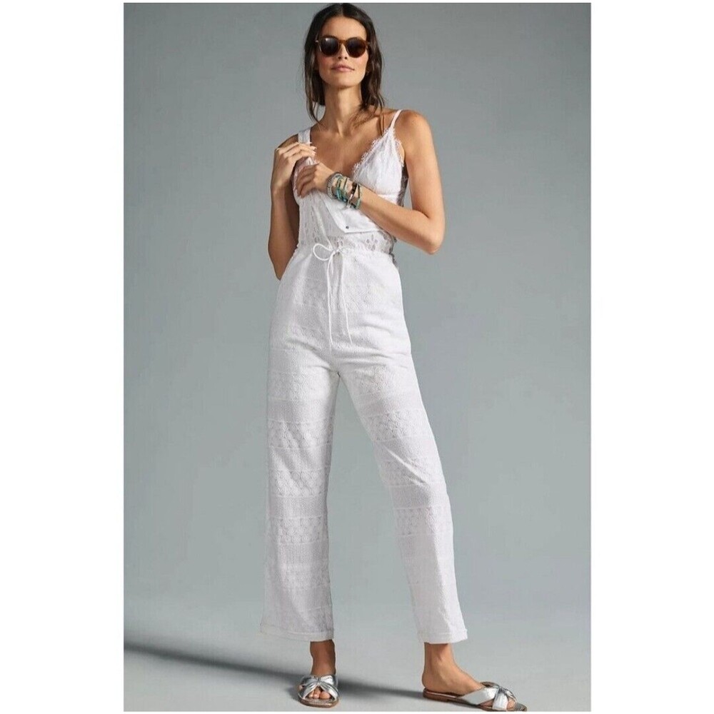 anthropologie RAGA Juhi White Eyelet Cotton Embroidery Tie Waist Overall size M